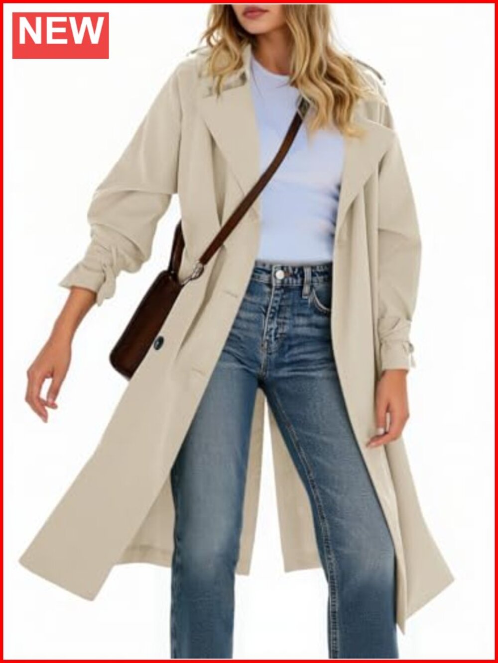 Oversized Long Trench Coat Double Breasted Notch Lapel Belted Windproof